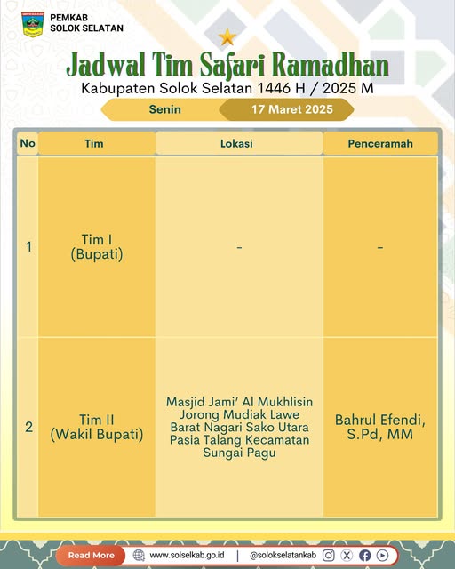 Berikut jadwal dan lokasi pelaksanaan Safari Ramadhan Pemerintah Kabupaten Solok Selatan 1446 Hijriah, Senin, 17 Maret 2025
