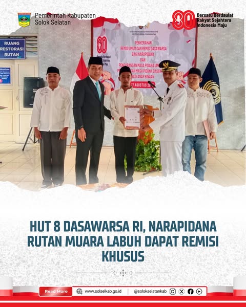 HUT 8 Dasawarsa RI, Narapidana Rutan Muara Labuh Dapat Remisi Khusus