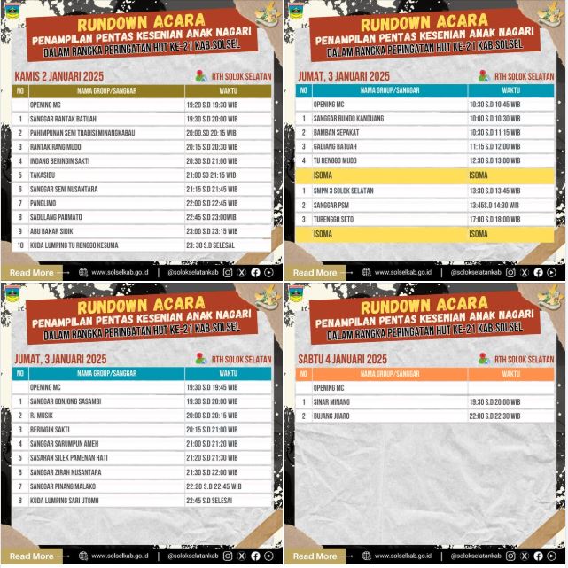 Jadwal penampilan pada Pentas Kesenian Anak Nagari dalam rangka HUT ke-21 Kabupaten Solok Selatan Yuk, kita ramaikan penampilan Anak Nagari